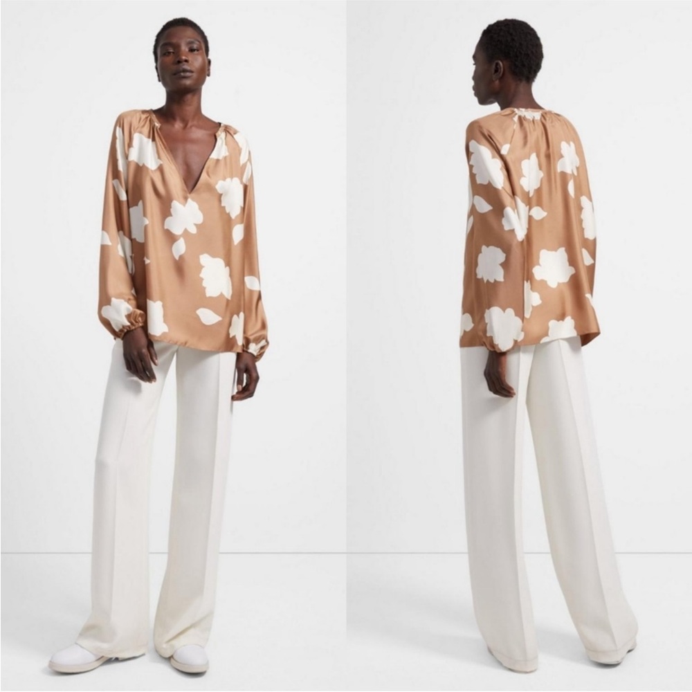 Theory: Petal Silk Puff Sleeve Blouse. Size M, Bright Camel - Picture 3 of 16